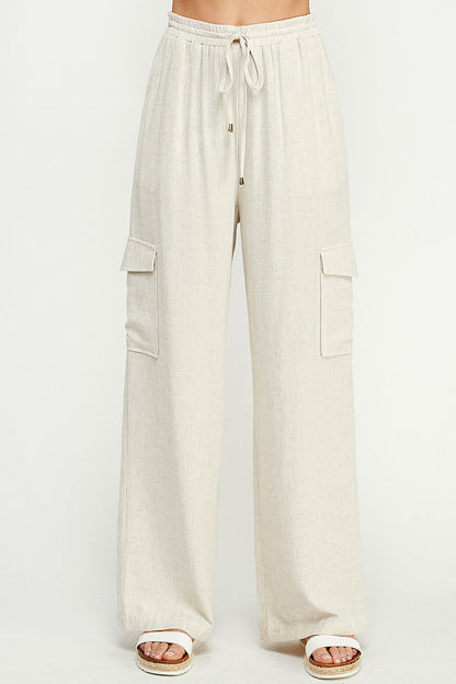 Tulum Vibes-Linen Wide Leg Cargo Pants